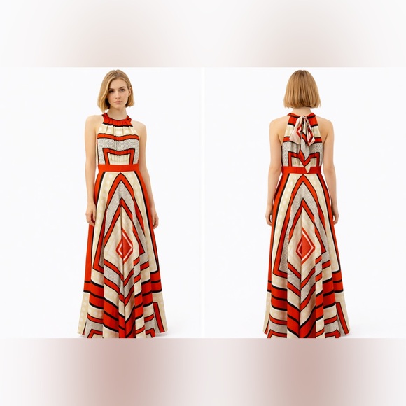 Eliza J Scarf Boho Halter Maxi Dress Red Beige Abstract Geometric Design Size 10 - Picture 5 of 17